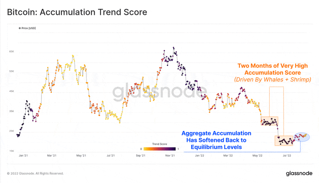 graph shows decrease in the in the bitcoin accumulation trend score